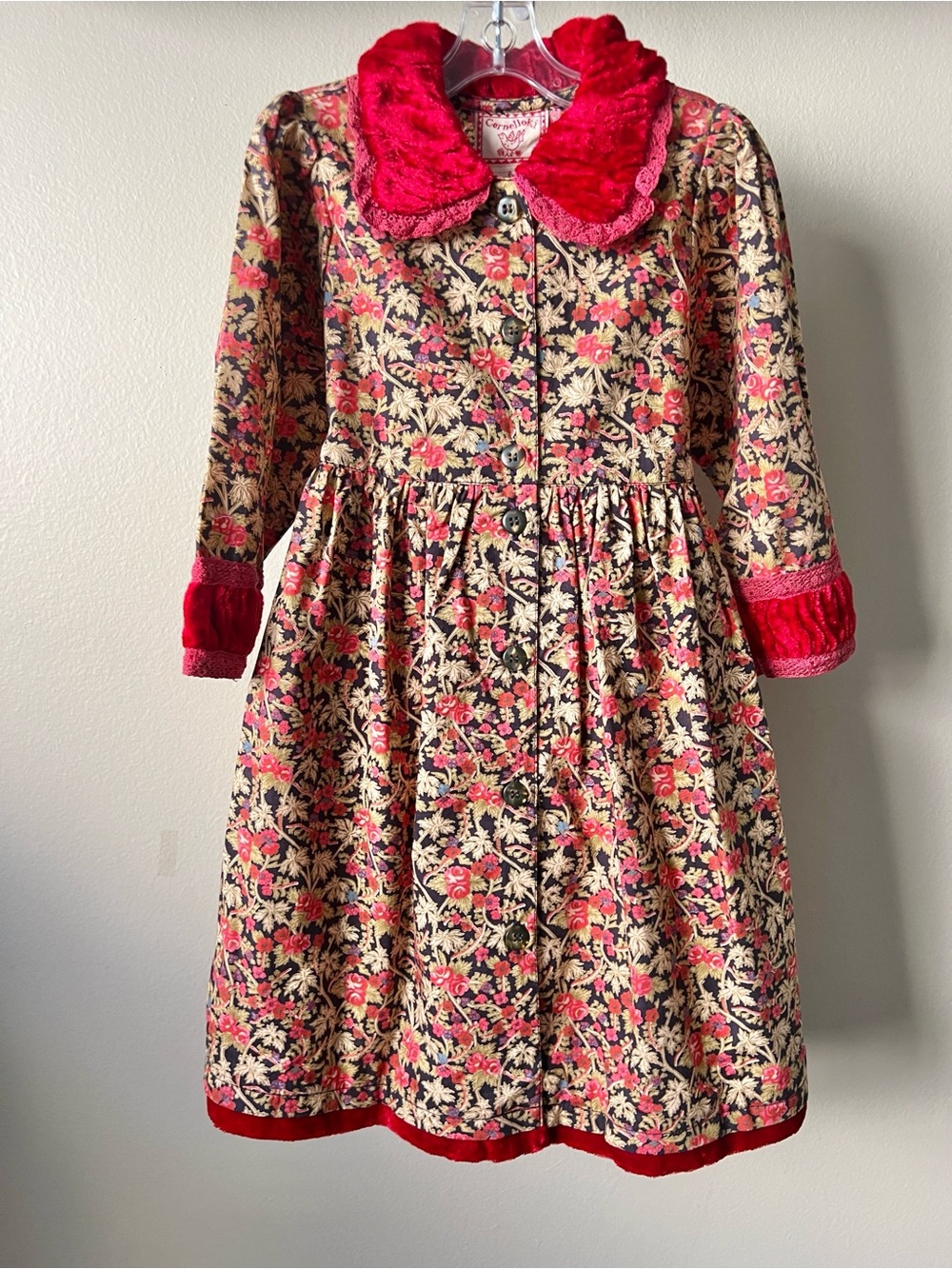 VTG Kids Red Floral Velvet Trim Costume Dress NOS